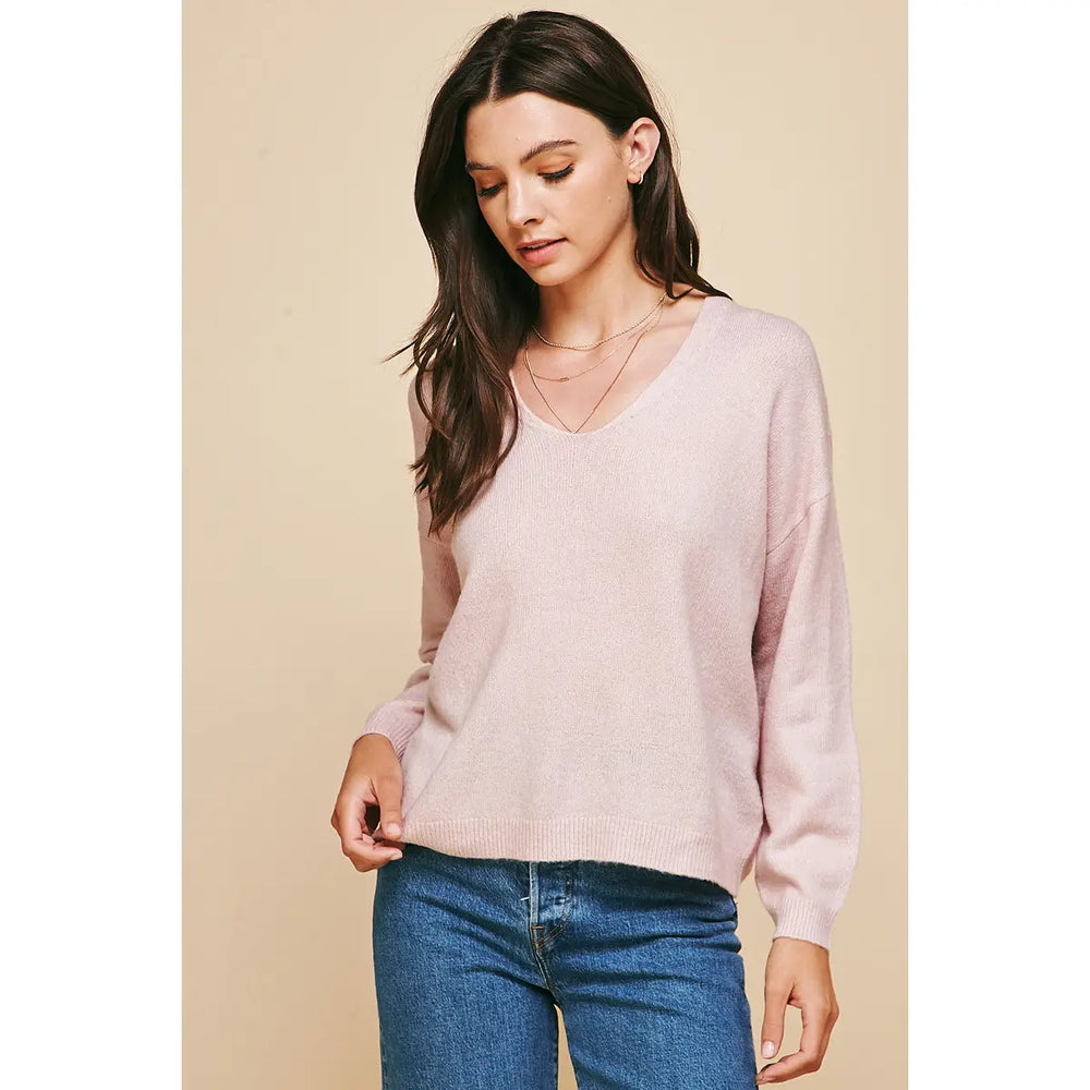 Deep Neck Long Sleeve Sweater - Pink