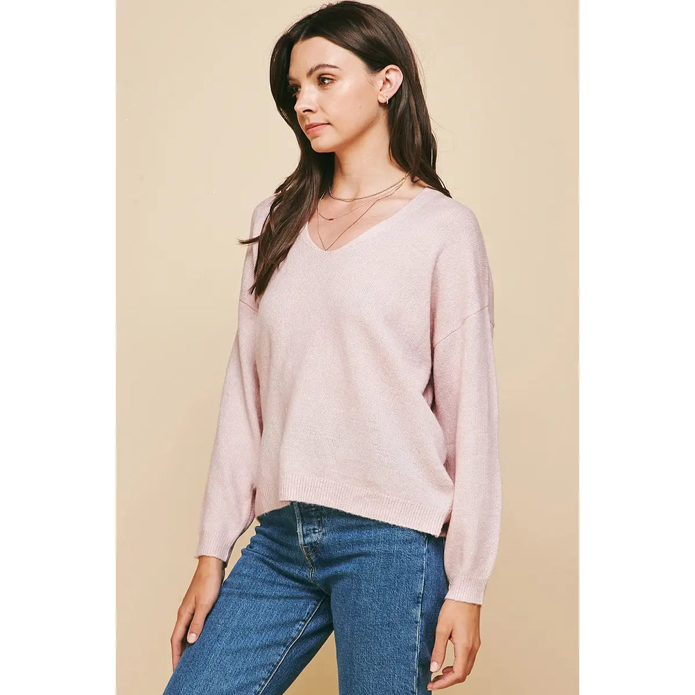 Deep Neck Long Sleeve Sweater - Pink