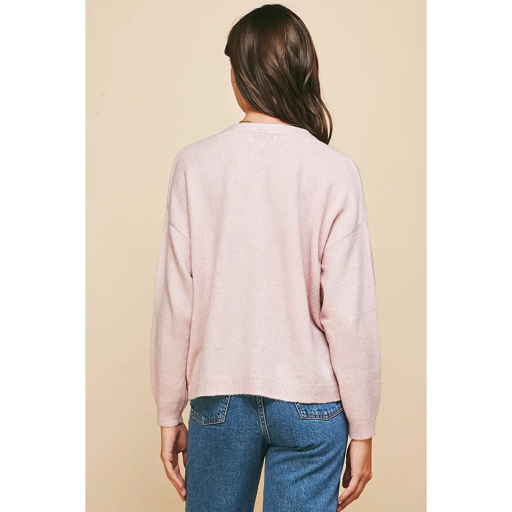 Deep Neck Long Sleeve Sweater - Pink