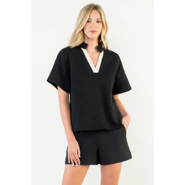 Contrast V-Neck Textured Short Sleeve Top - Black