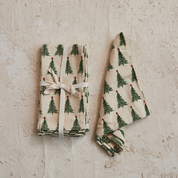 Stonewashed Cotton Printed Napkins w/ Christmas Tree Pattern
