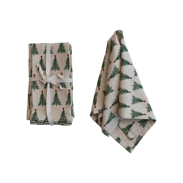 Stonewashed Cotton Printed Napkins w/ Christmas Tree Pattern