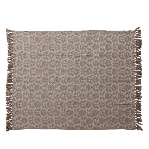 Woven Recycled Cotton Blend Jacquard Throw with Floral Pattern & Fringe