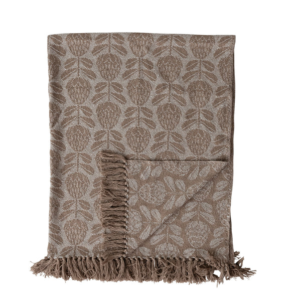 Woven Recycled Cotton Blend Jacquard Throw with Floral Pattern & Fringe