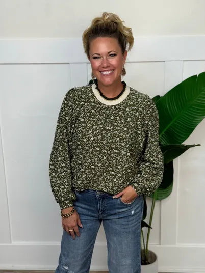 Olive Floral Vine Print Ruffle Neck Blouse