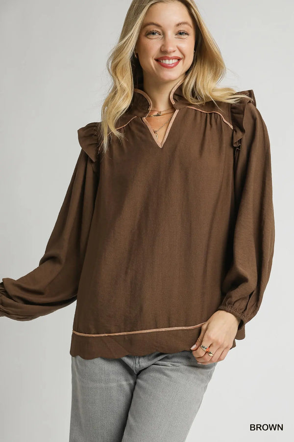 Brown Ruffle Shoulder Long Sleeve Blouse