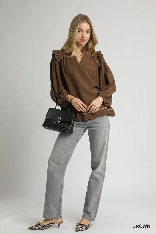 Brown Ruffle Shoulder Long Sleeve Blouse