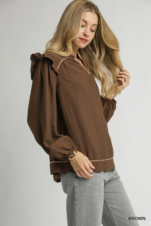 Brown Ruffle Shoulder Long Sleeve Blouse