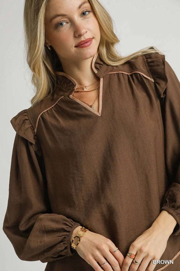 Brown Ruffle Shoulder Long Sleeve Blouse