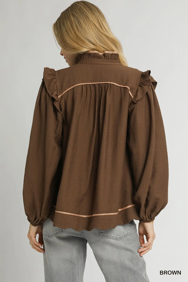 Brown Ruffle Shoulder Long Sleeve Blouse