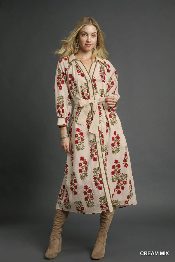 Floral Button-Front Maxi Shirt Dress with Waist Tie
