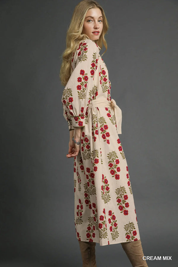 Floral Button-Front Maxi Shirt Dress with Waist Tie