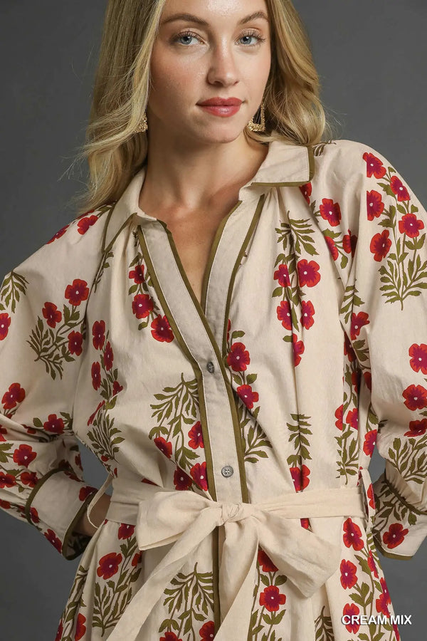 Floral Button-Front Maxi Shirt Dress with Waist Tie