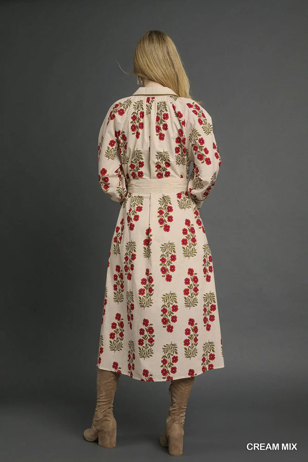 Floral Button-Front Maxi Shirt Dress with Waist Tie