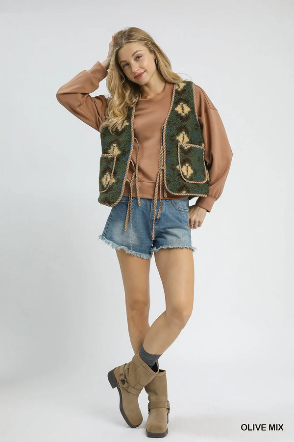 Olive Mix Patterned Sherpa Tie-Front Vest