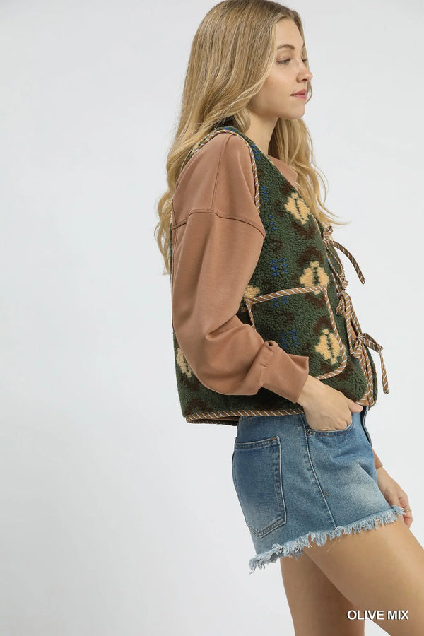 Olive Mix Patterned Sherpa Tie-Front Vest