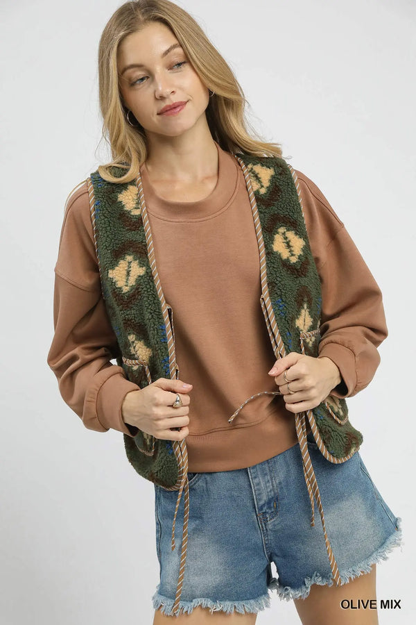Olive Mix Patterned Sherpa Tie-Front Vest