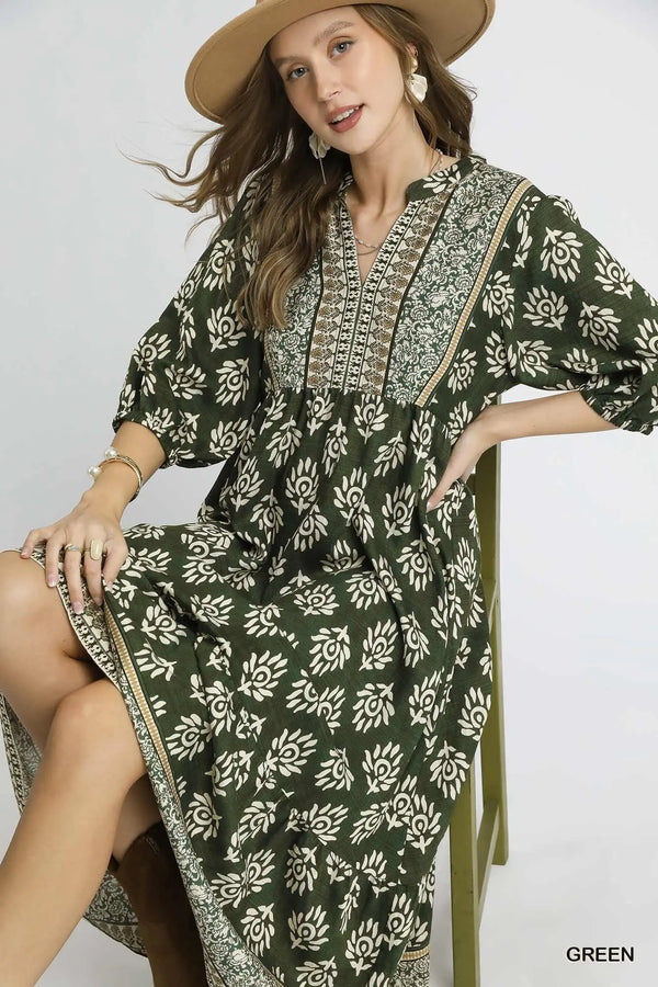 Green Abstract Boarder Print Midi Dress