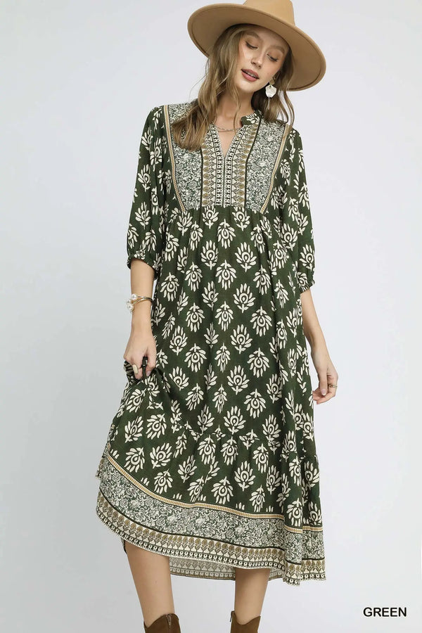 Green Abstract Boarder Print Midi Dress