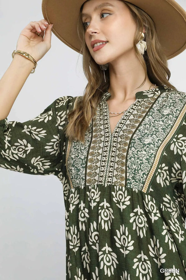 Green Abstract Boarder Print Midi Dress