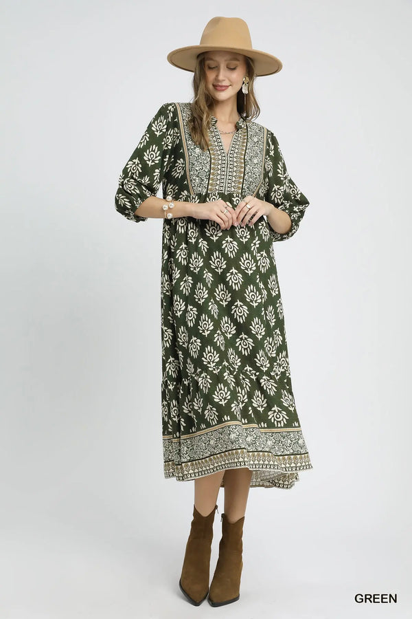 Green Abstract Boarder Print Midi Dress
