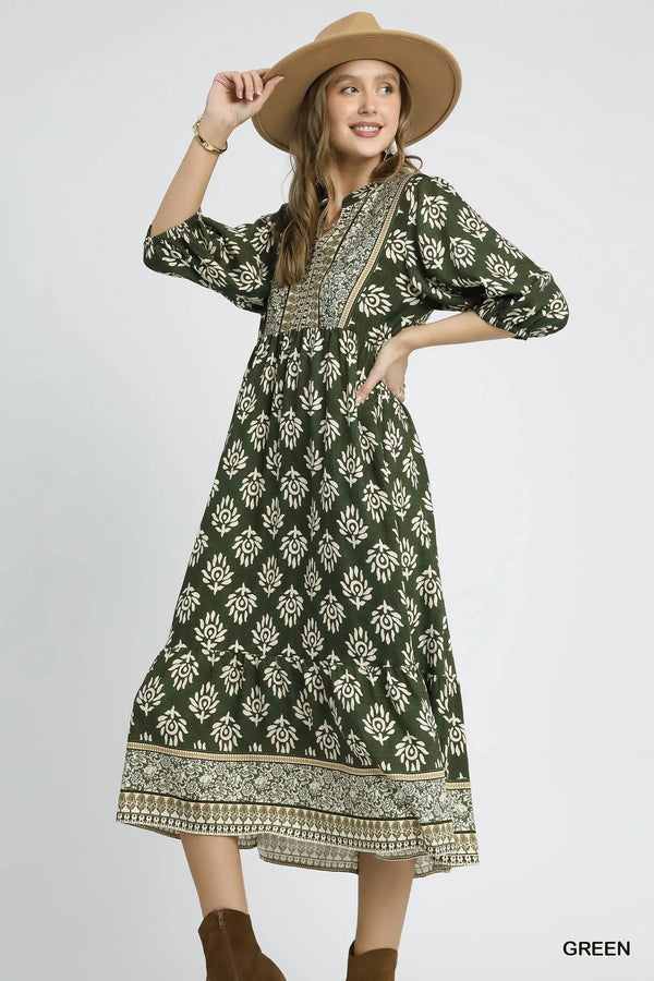 Green Abstract Boarder Print Midi Dress