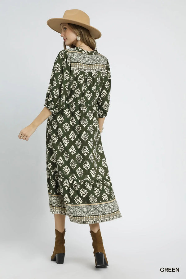 Green Abstract Boarder Print Midi Dress
