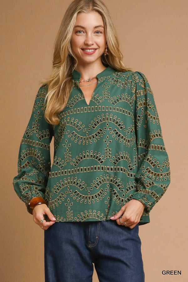 Green Eyelet Long Sleeve Top
