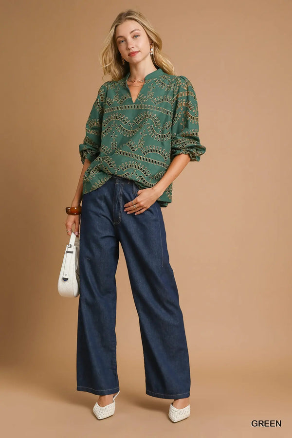 Green Eyelet Long Sleeve Top