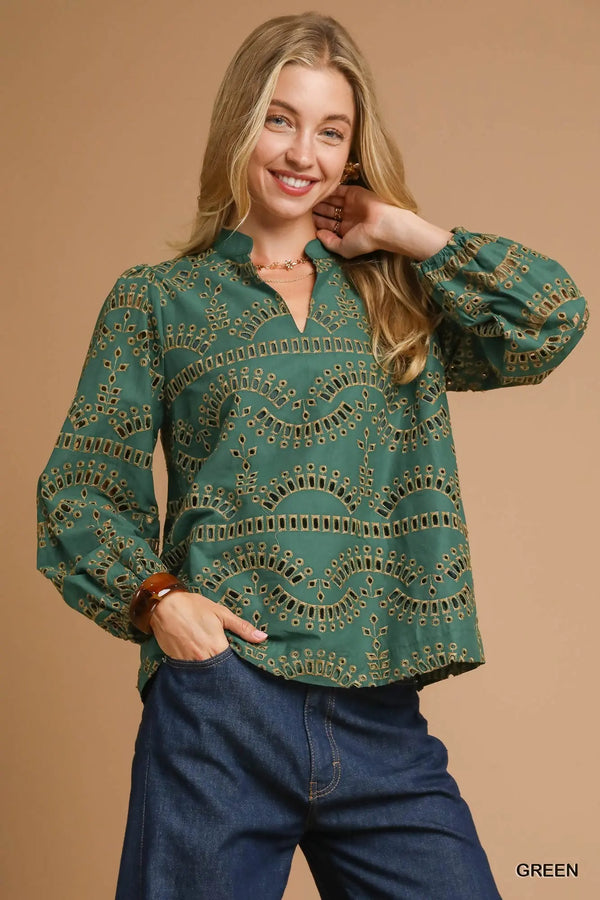 Green Eyelet Long Sleeve Top