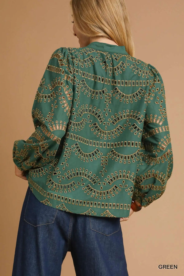Green Eyelet Long Sleeve Top