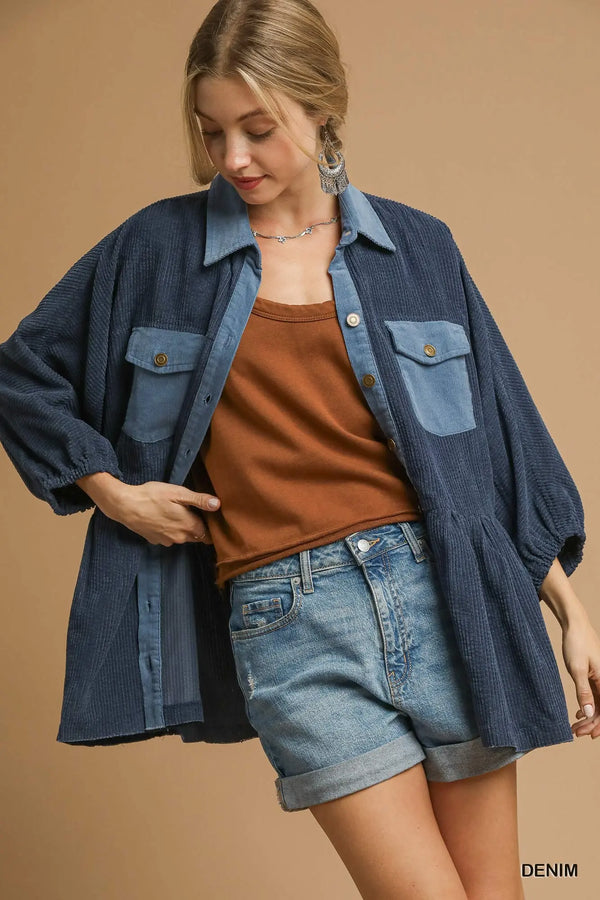 Denim Corduroy Contrast Button Down Jacket