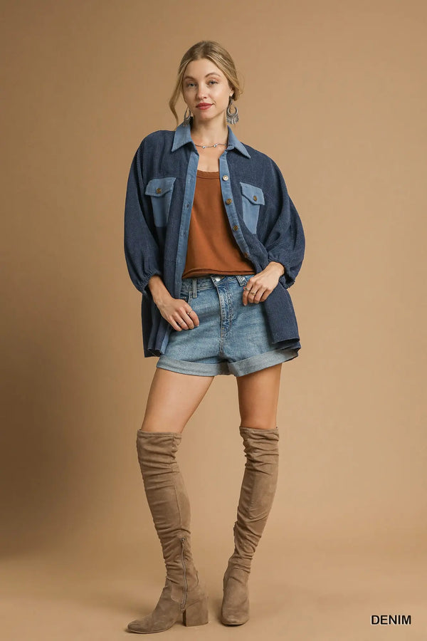 Denim Corduroy Contrast Button Down Jacket