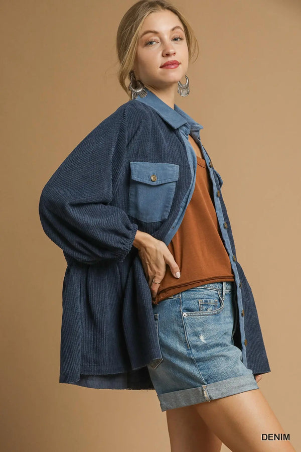 Denim Corduroy Contrast Button Down Jacket