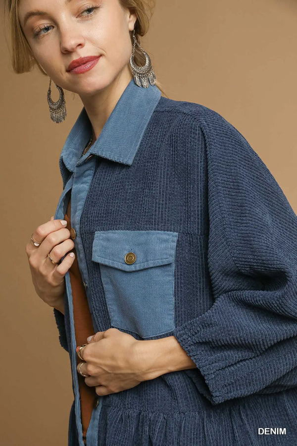 Denim Corduroy Contrast Button Down Jacket