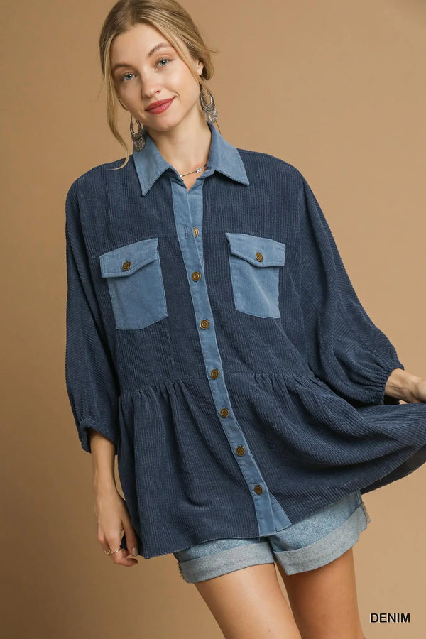 Denim Corduroy Contrast Button Down Jacket