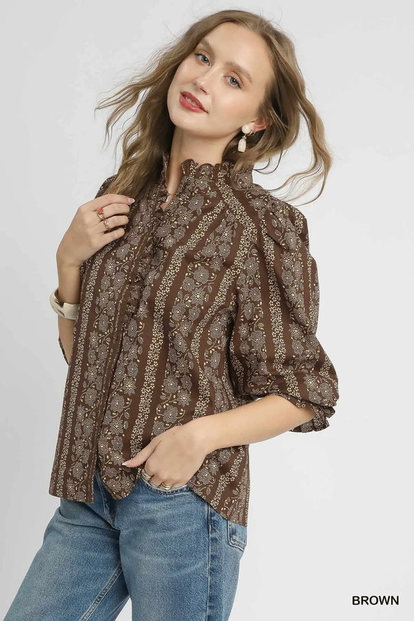 Brown Abstract Print Top