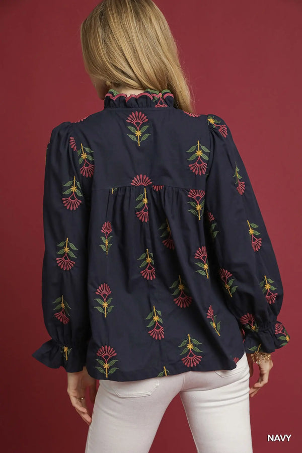Navy Embroidered Floral Ruffle Neck Blouse