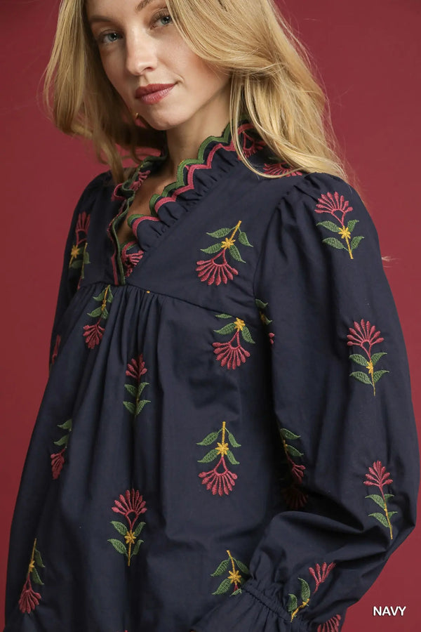 Navy Embroidered Floral Ruffle Neck Blouse