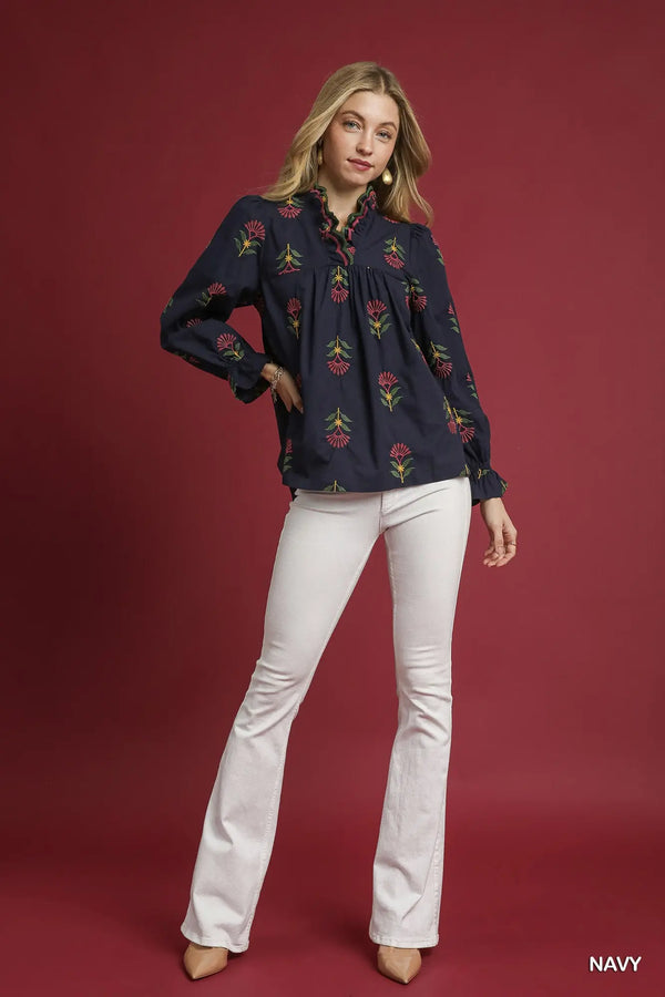 Navy Embroidered Floral Ruffle Neck Blouse