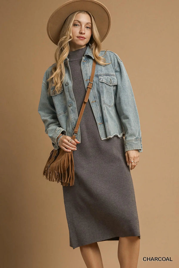 Charcoal Mock Neck Long Sleeve Knit Midi Dress