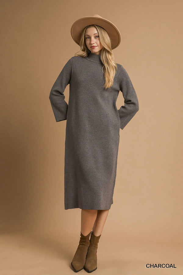 Charcoal Mock Neck Long Sleeve Knit Midi Dress