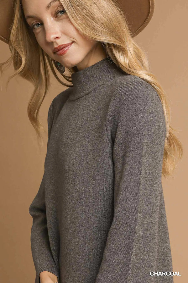 Charcoal Mock Neck Long Sleeve Knit Midi Dress