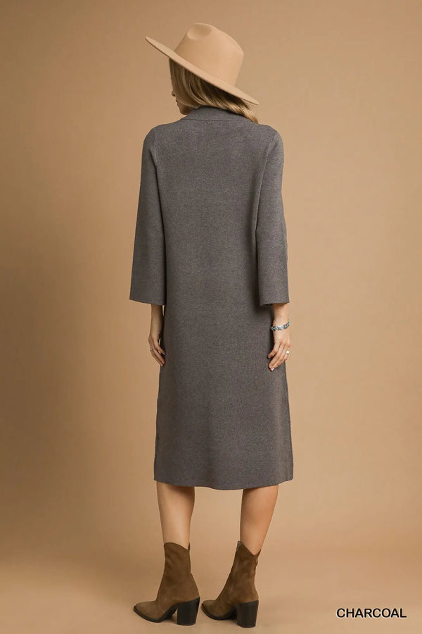 Charcoal Mock Neck Long Sleeve Knit Midi Dress