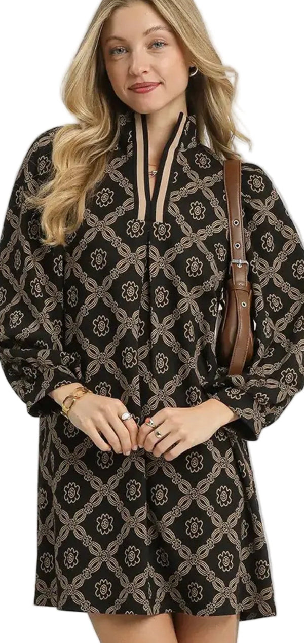 Black Geometric Print Long Sleeve Mini Dress