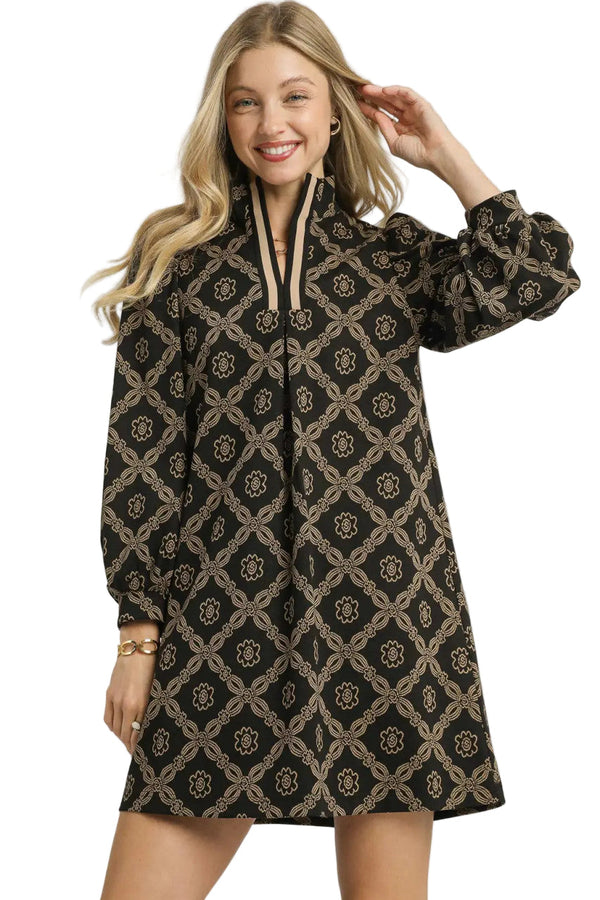 Black Geometric Print Long Sleeve Mini Dress