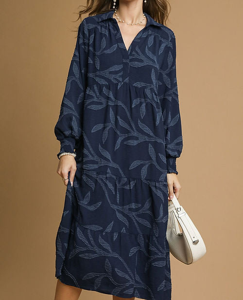 Navy Tiered Leaf Brocade Pattern Midi Dress
