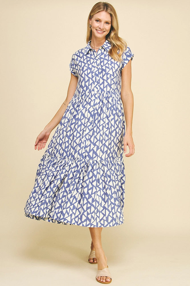 Print Tiered Button Down Maxi Dress - Blue