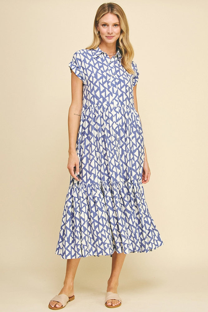 Print Tiered Button Down Maxi Dress - Blue