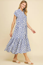 Print Tiered Button Down Maxi Dress - Blue